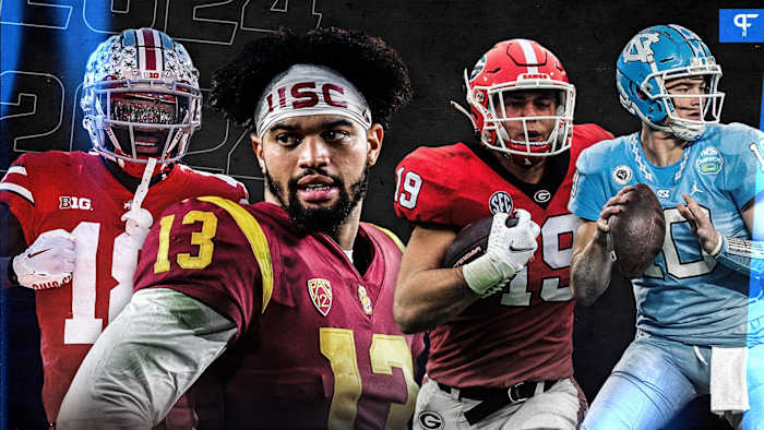 Top prospects in the 2024 NFL Draft. Left to right: Ohio State receiver Marvin Harrison Jr., USC quarterback Caleb Williams, Georgia tight end Brock Bowers and North Carolina quarterback Drake Maye.